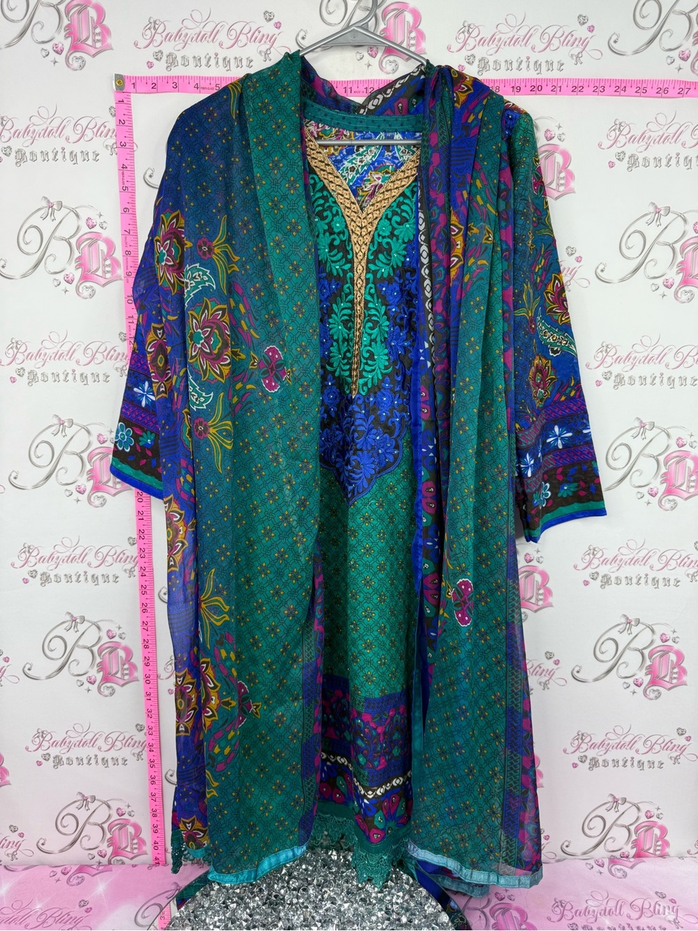Set dress and scarf Bollywood Boho Floral Green & Teal Lightweight Women’s